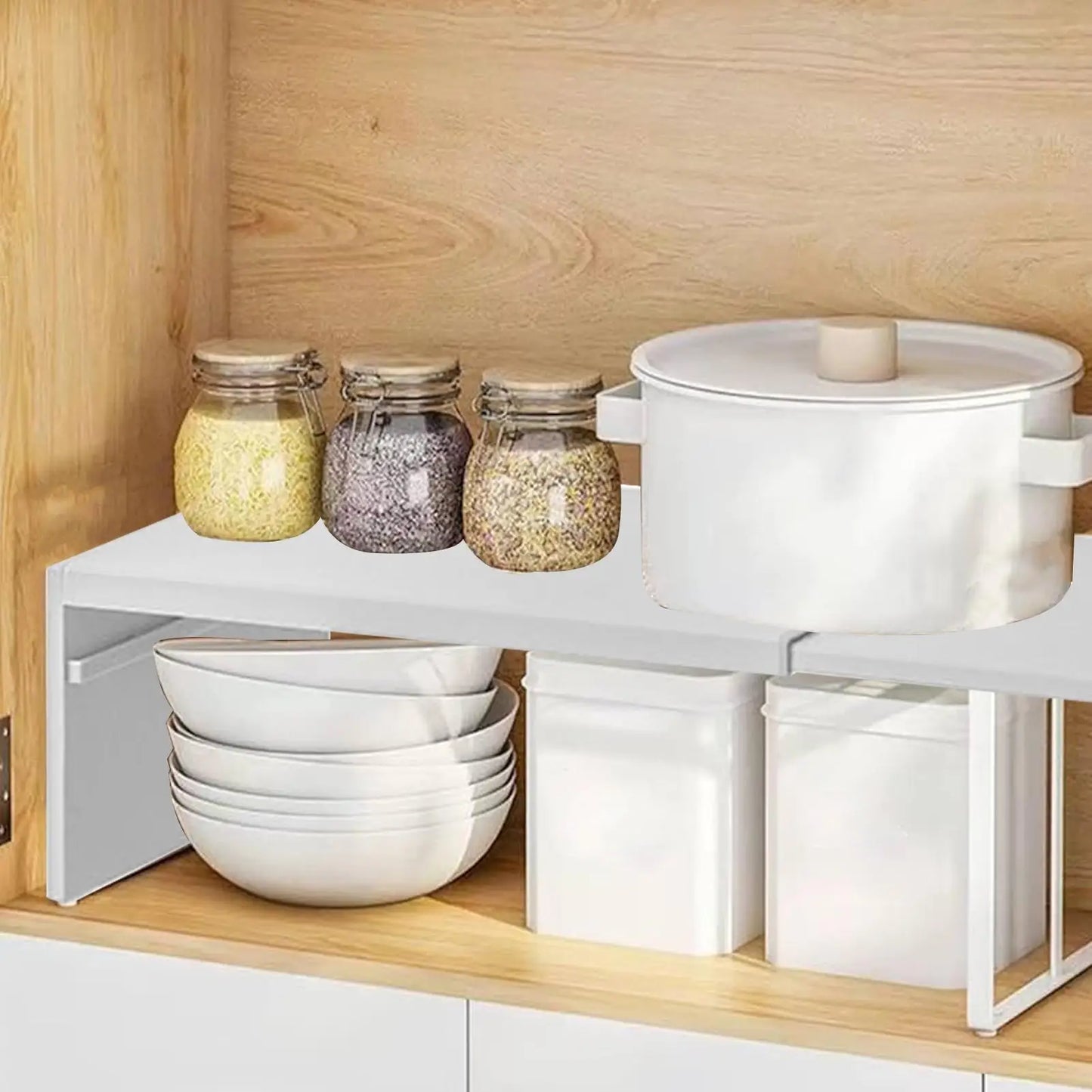 Estante de gabinete extensible, ahorro de espacio, estante en capas apilable, antideslizante, ligero, resistente, accesorios de almacenamiento de cocina