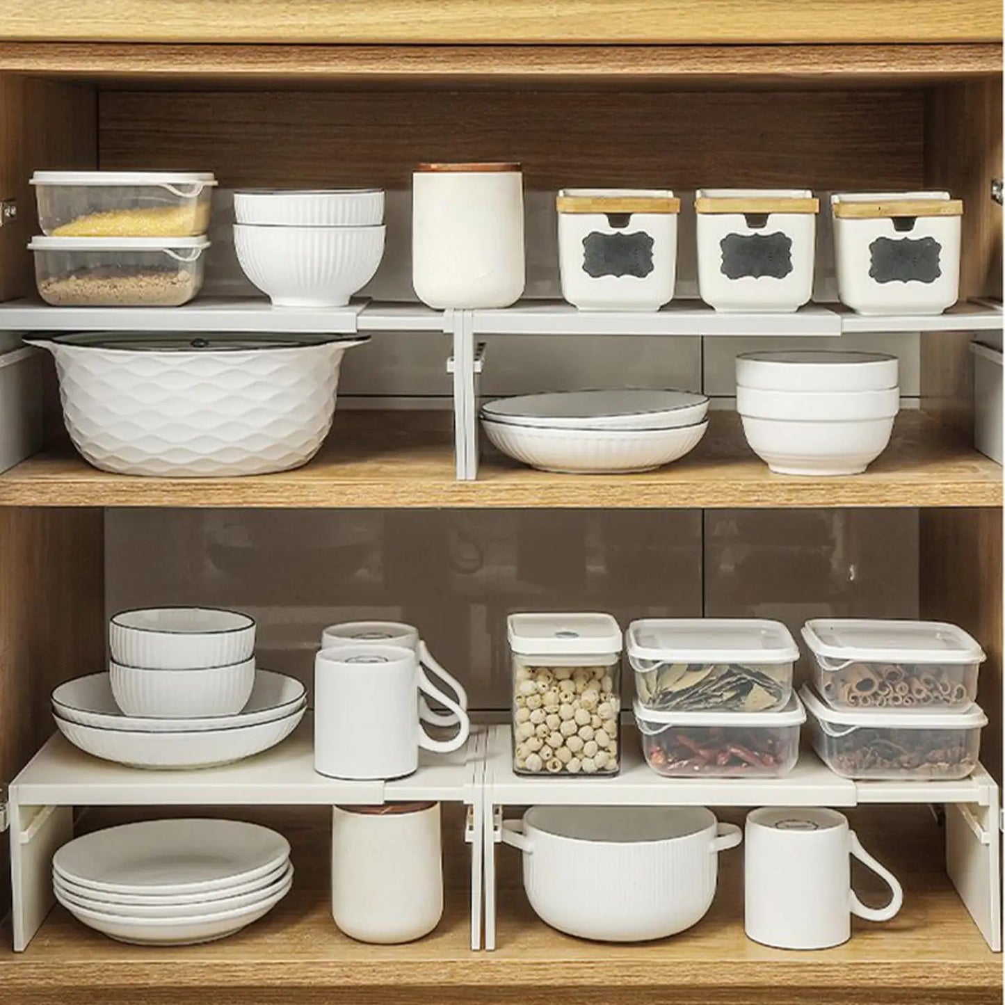 Estante de gabinete extensible, ahorro de espacio, estante en capas apilable, antideslizante, ligero, resistente, accesorios de almacenamiento de cocina
