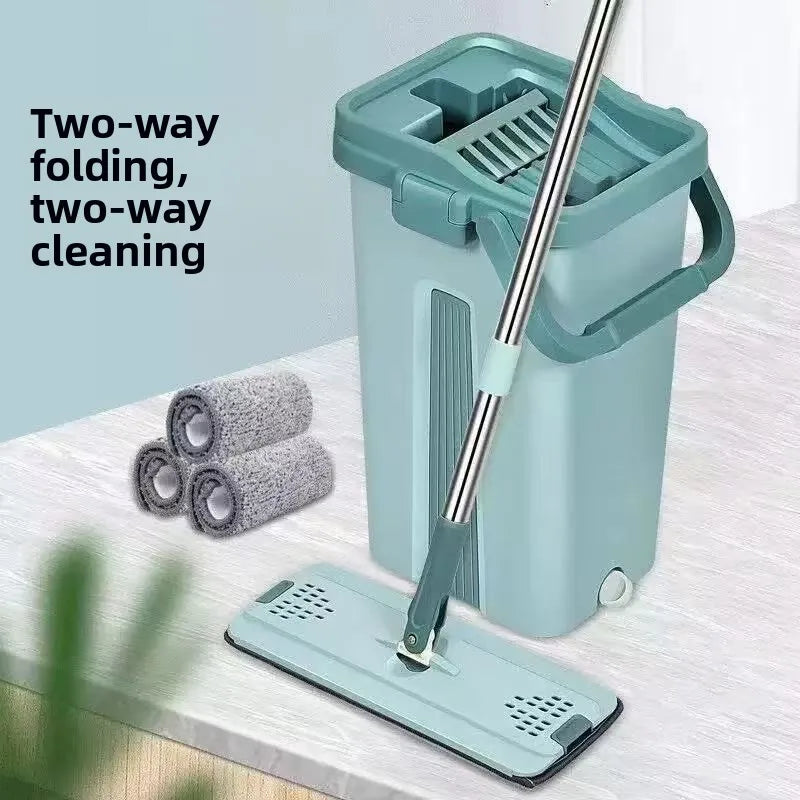 Fregona plana con cubo, almohadillas de microfibra de fácil escurrido para suelos laminados de madera dura, limpieza multiusos en seco y húmedo