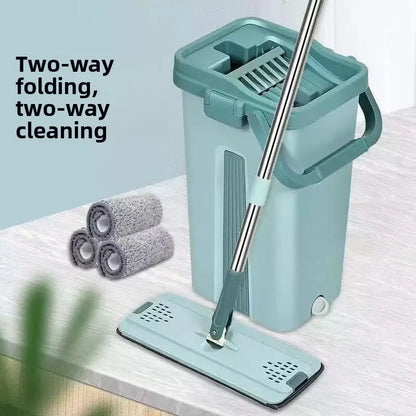 Fregona plana con cubo, almohadillas de microfibra de fácil escurrido para suelos laminados de madera dura, limpieza multiusos en seco y húmedo