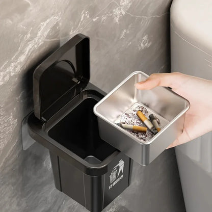 Cenicero colgante de pared de acero inoxidable con tapa, cubo de basura en forma de baño, sala de estar, decoración de baño sin perforaciones a prueba de cenizas