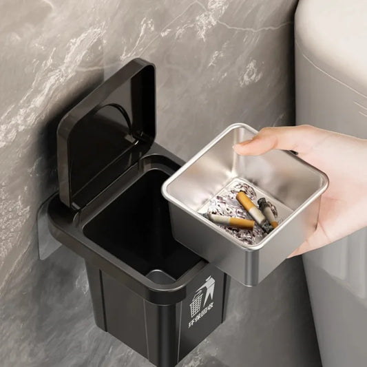 Cenicero colgante de pared de acero inoxidable con tapa, cubo de basura en forma de baño, sala de estar, decoración de baño sin perforaciones a prueba de cenizas