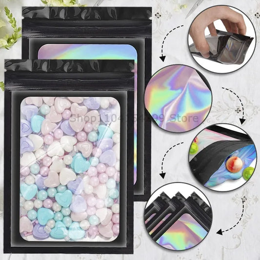 100 Uds. Bolsas holográficas resellables Mylar Ziplock Candy Suger Tee joyería bolsa de almacenamiento de belleza muestra joyería embalaje plástico Pou
