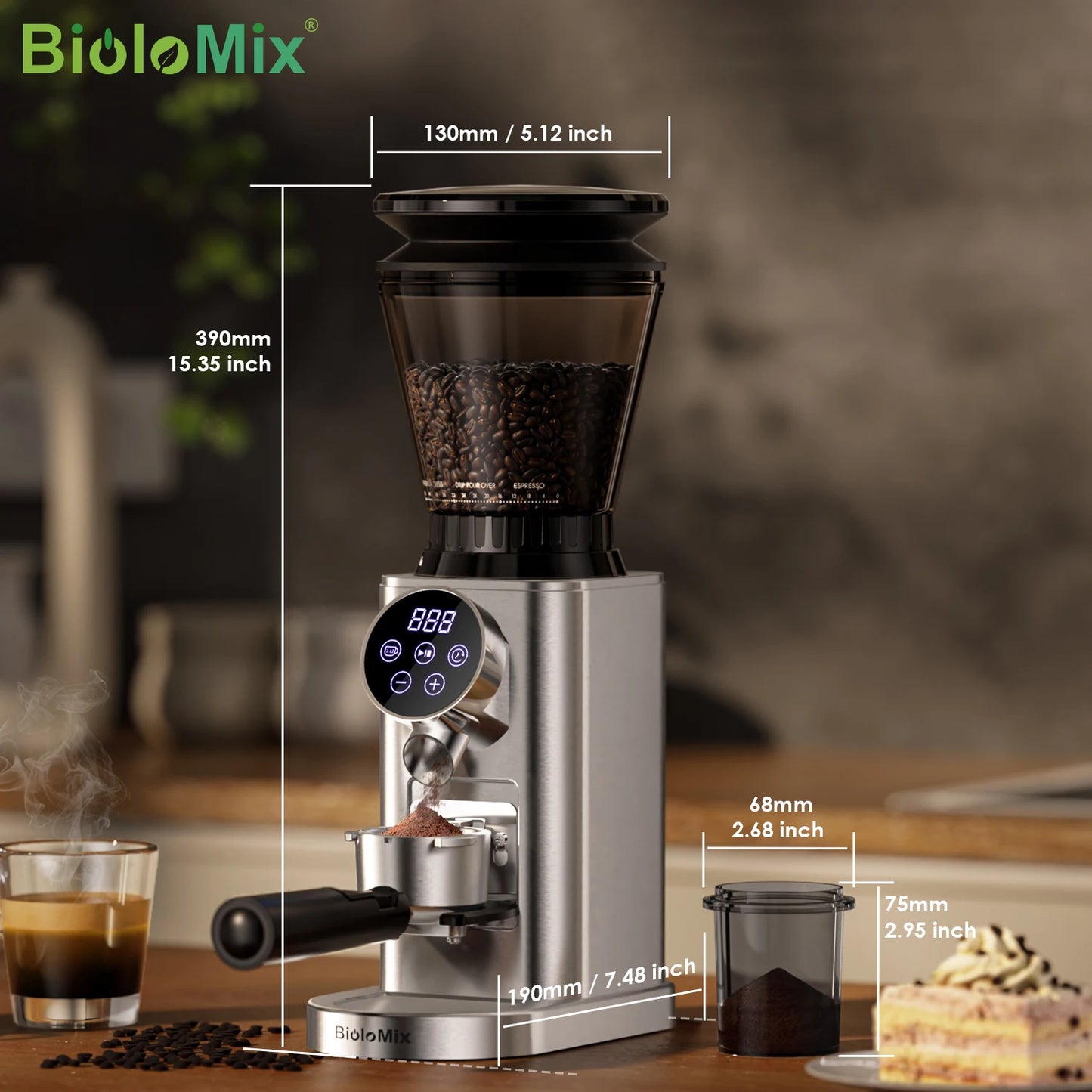 BioloMix Molinillo de café eléctrico con rebaba cónica ajustable 48 configuraciones Soporte extraíble para café expreso