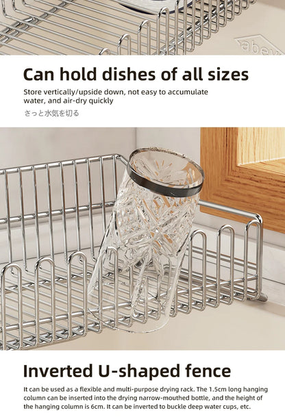 Escurridor de fregadero de cocina de acero inoxidable, estante de secado de platos expandible, soporte de almacenamiento para cuencos de frutas y verduras, organizar utensilios de cocina