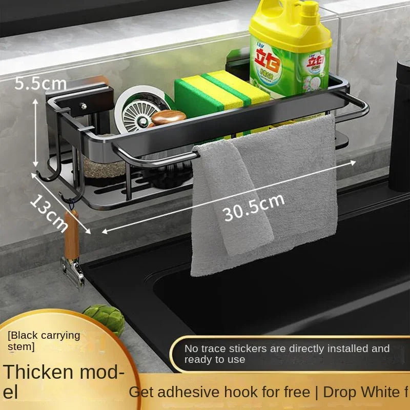 Soporte para fregadero de cocina, estante de almacenamiento de aluminio grueso para toalla y esponja, cesta organizadora de drenaje, estantes de baño