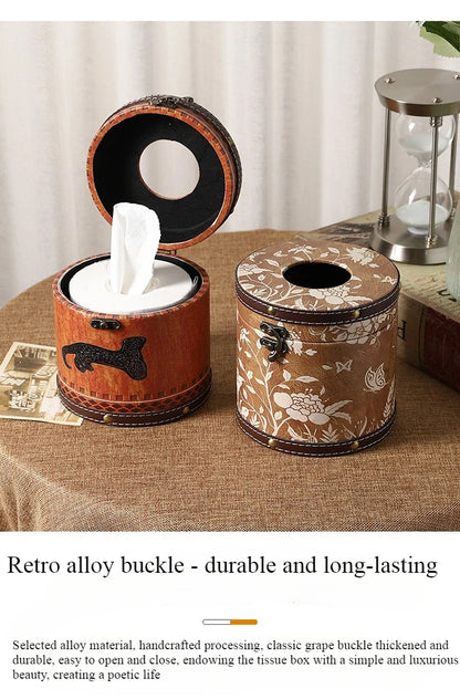 Caja de pañuelos estilo chino Guofeng, caja circular de cuero con cajón, estilo de lujo ligero, caja de servilletas adecuada para el hogar, sala de estar, dormitorio