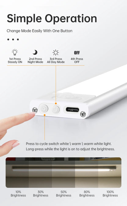 Luz LED con Sensor de movimiento, luz nocturna inalámbrica USB para debajo del gabinete, cocina, dormitorio, armario, Sensor, iluminación interior