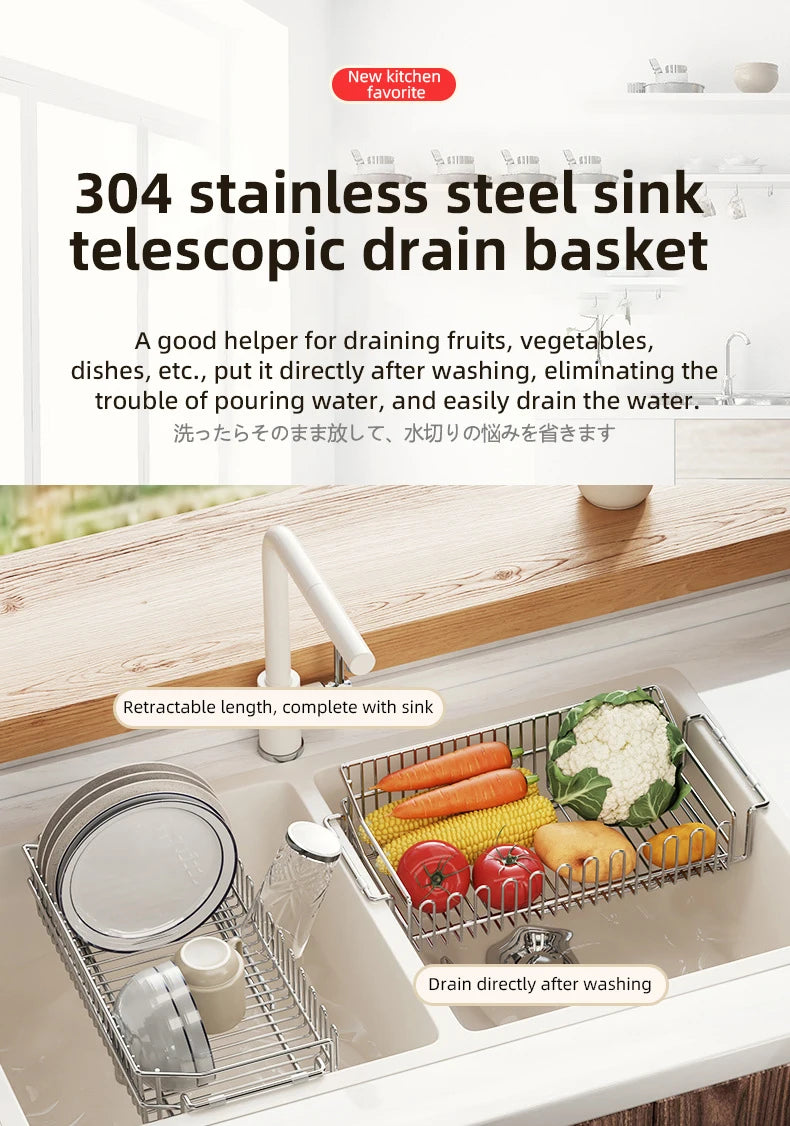 Escurridor de fregadero de cocina de acero inoxidable, estante de secado de platos expandible, soporte de almacenamiento para cuencos de frutas y verduras, organizar utensilios de cocina