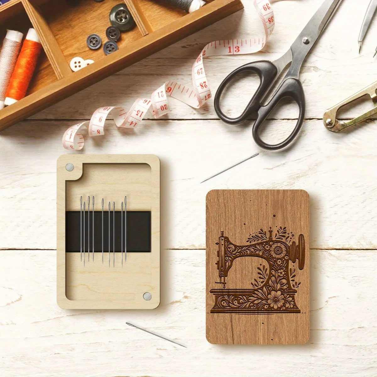 Estuche para agujas magnético con temática de máquina de coser, caja de almacenamiento, soporte para agujas de madera con cierre magnético, almacenamiento de costura decorativo, 1 Uds.