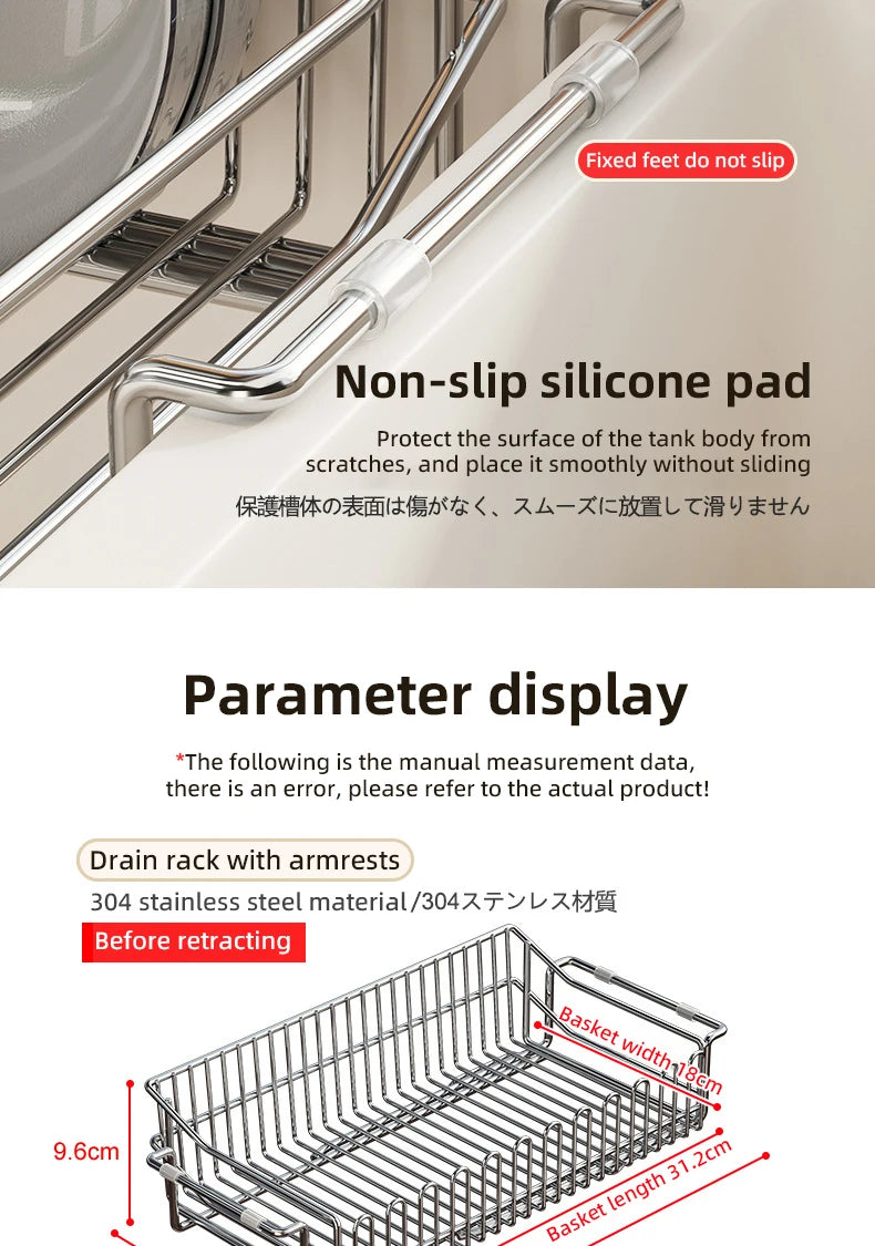 Escurridor de fregadero de cocina de acero inoxidable, estante de secado de platos expandible, soporte de almacenamiento para cuencos de frutas y verduras, organizar utensilios de cocina