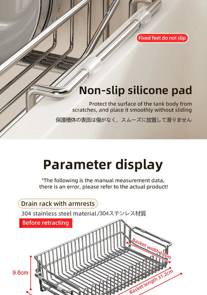 Escurridor de fregadero de cocina de acero inoxidable, estante de secado de platos expandible, soporte de almacenamiento para cuencos de frutas y verduras, organizar utensilios de cocina