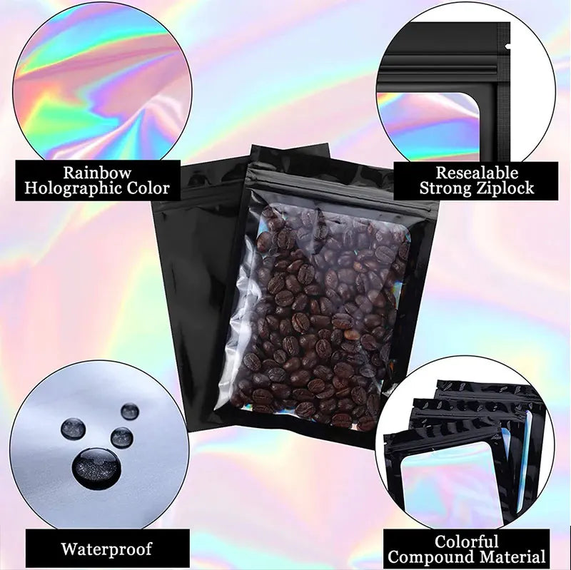 100 Uds. Bolsas holográficas resellables Mylar Ziplock Candy Suger Tee joyería bolsa de almacenamiento de belleza muestra joyería embalaje plástico Pou