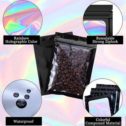 100 Uds. Bolsas holográficas resellables Mylar Ziplock Candy Suger Tee joyería bolsa de almacenamiento de belleza muestra joyería embalaje plástico Pou