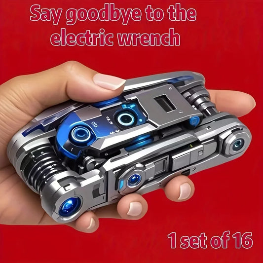 Juego de llaves de tubo 16 en 1, cabezal giratorio antideslizante. Acero Inoxidable Resistente para Reparaciones del Hogar y del Automóvil. Herramienta Fácil y Universal.