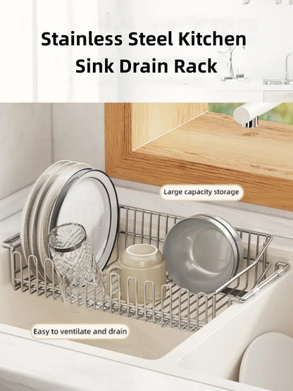 Escurridor de fregadero de cocina de acero inoxidable, estante de secado de platos expandible, soporte de almacenamiento para cuencos de frutas y verduras, organizar utensilios de cocina