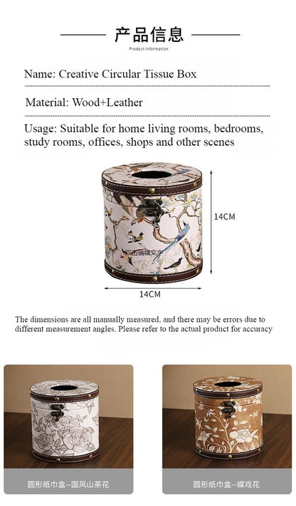 Caja de pañuelos estilo chino Guofeng, caja circular de cuero con cajón, estilo de lujo ligero, caja de servilletas adecuada para el hogar, sala de estar, dormitorio