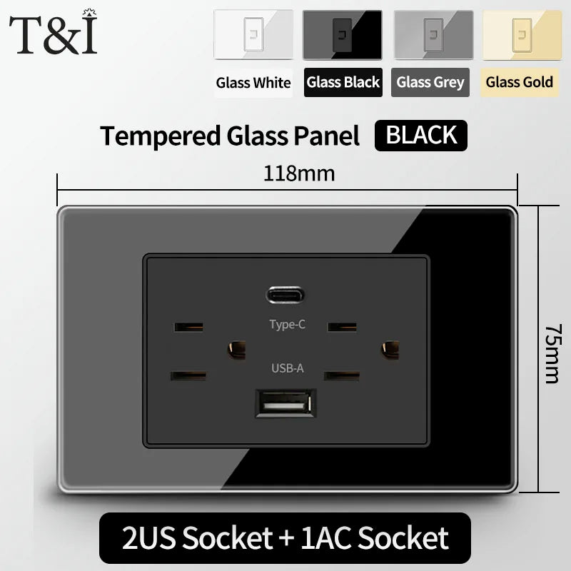 T&I US Standard 118 Toma de pared con interruptor, panel de vidrio templado, puertos de carga USB y tipo C