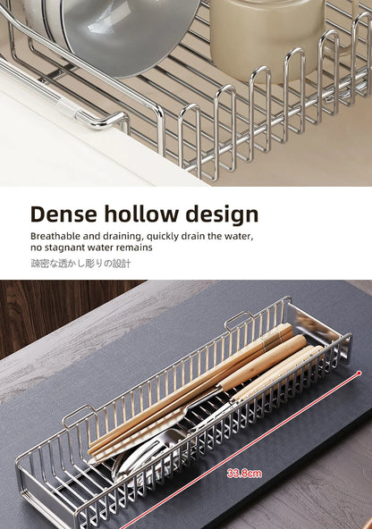 Escurridor de fregadero de cocina de acero inoxidable, estante de secado de platos expandible, soporte de almacenamiento para cuencos de frutas y verduras, organizar utensilios de cocina