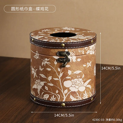 Caja de pañuelos estilo chino Guofeng, caja circular de cuero con cajón, estilo de lujo ligero, caja de servilletas adecuada para el hogar, sala de estar, dormitorio