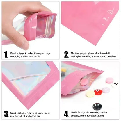 100 Uds. Bolsas holográficas resellables Mylar Ziplock Candy Suger Tee joyería bolsa de almacenamiento de belleza muestra joyería embalaje plástico Pou