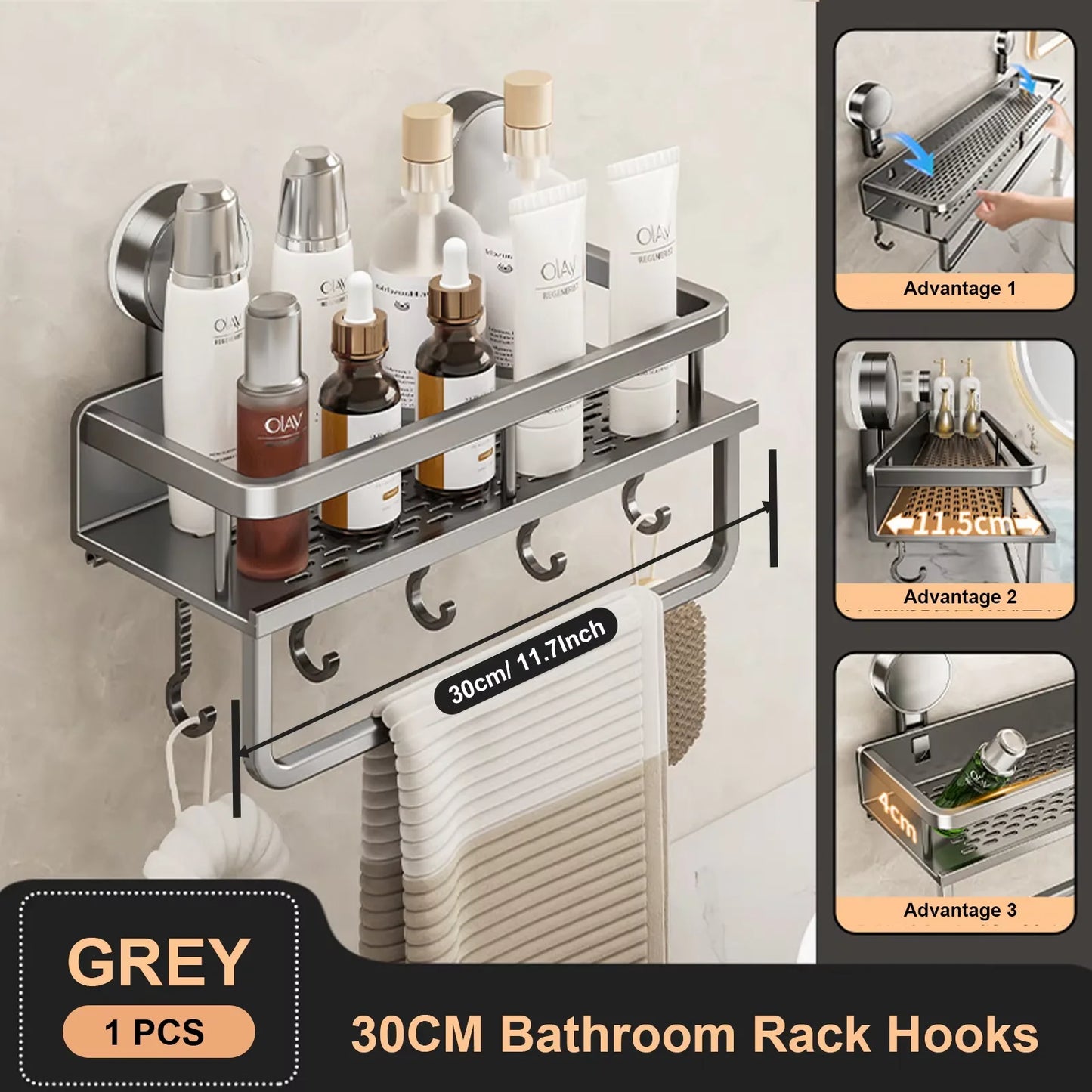 Estante de baño con ventosa de aluminio espacial, estante de almacenamiento para ducha de montaje en pared sin perforaciones, gran capacidad, soporte de carga fuerte