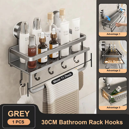 Estante de baño con ventosa de aluminio espacial, estante de almacenamiento para ducha de montaje en pared sin perforaciones, gran capacidad, soporte de carga fuerte