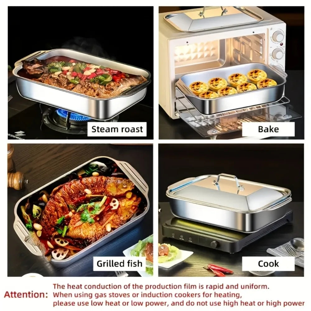 Sartén para asar cubierta de acero inoxidable, horno antiadherente grueso, seguro con asas resistentes al calor para asar, hornear, servir Buffet