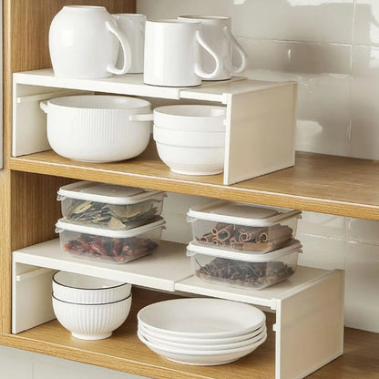 Estante de gabinete extensible, ahorro de espacio, estante en capas apilable, antideslizante, ligero, resistente, accesorios de almacenamiento de cocina