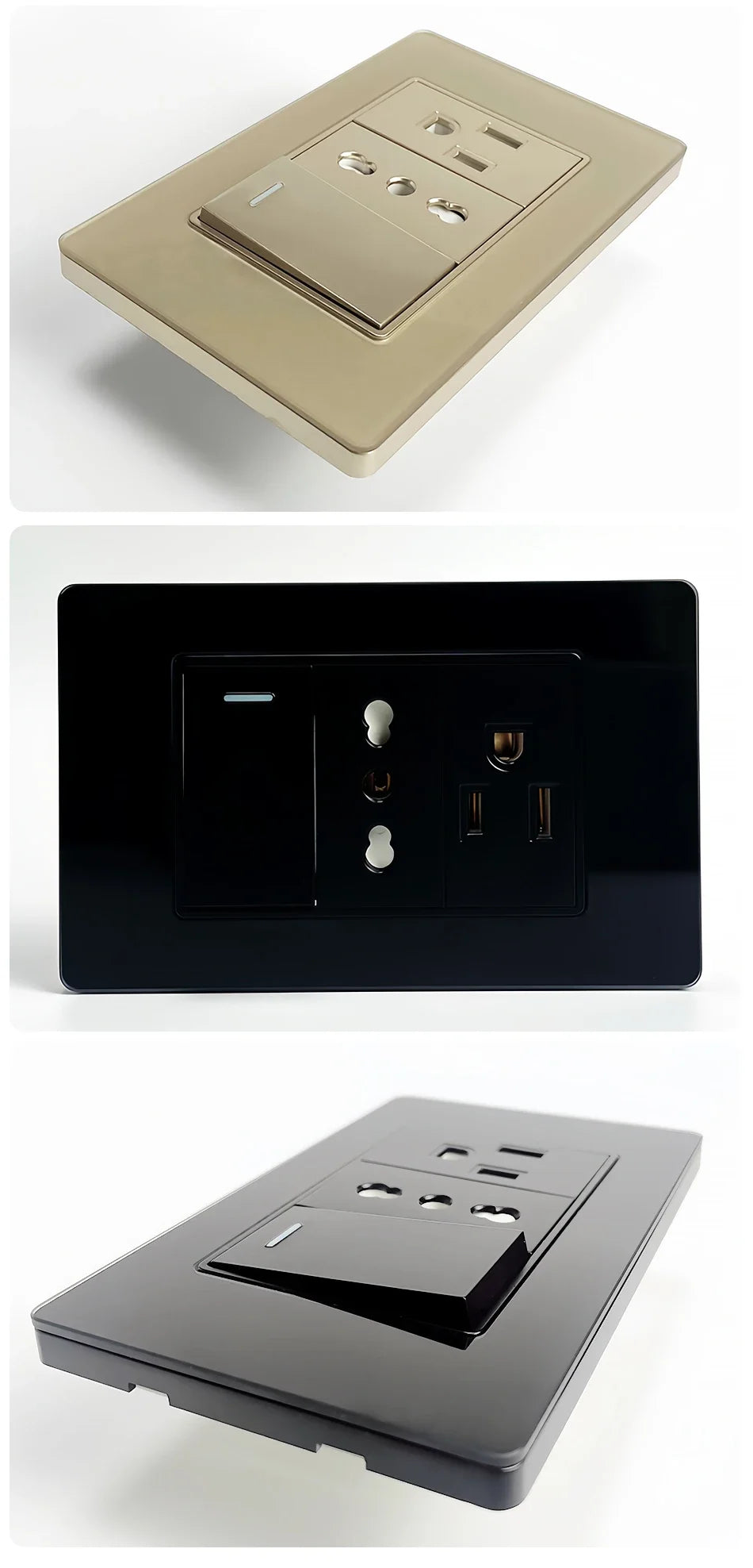 T&I US Standard 118 Toma de pared con interruptor, panel de vidrio templado, puertos de carga USB y tipo C