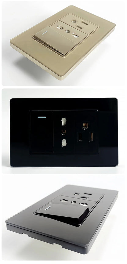 T&I US Standard 118 Toma de pared con interruptor, panel de vidrio templado, puertos de carga USB y tipo C