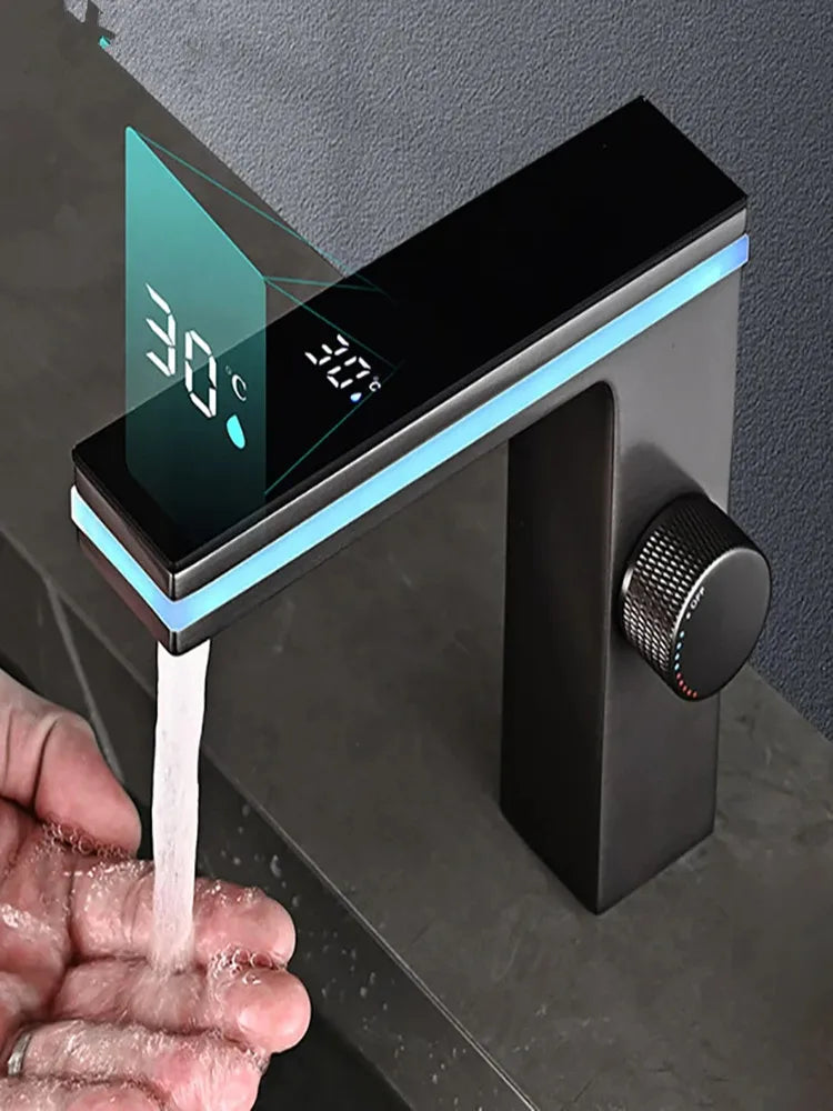 Grifo de lavabo de baño con pantalla Digital, LED inteligente, montado en cubierta de latón, grúa de lavabo, mezclador de agua fría y caliente, grifo de tocador para fregadero