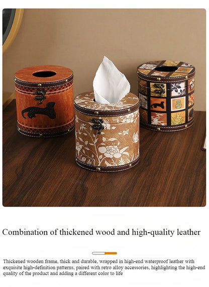 Caja de pañuelos estilo chino Guofeng, caja circular de cuero con cajón, estilo de lujo ligero, caja de servilletas adecuada para el hogar, sala de estar, dormitorio