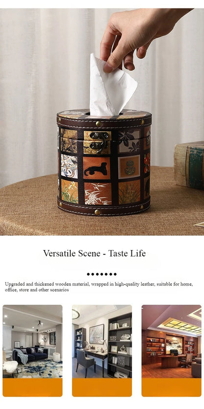 Caja de pañuelos estilo chino Guofeng, caja circular de cuero con cajón, estilo de lujo ligero, caja de servilletas adecuada para el hogar, sala de estar, dormitorio