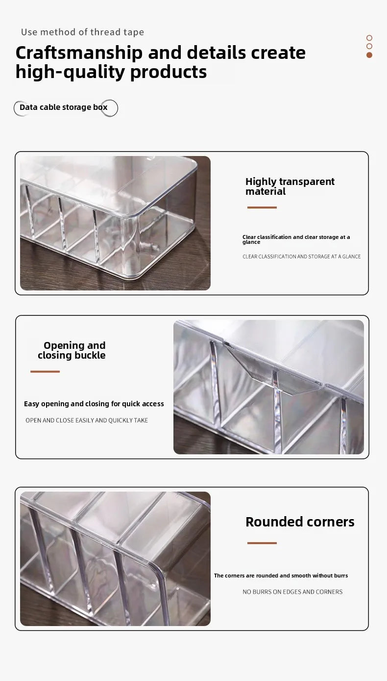 Caja de almacenamiento de cables de datos de plástico transparente, cable doméstico, cargador de teléfono móvil, Cable de carga, caja de acabado, caja de rejilla dividida