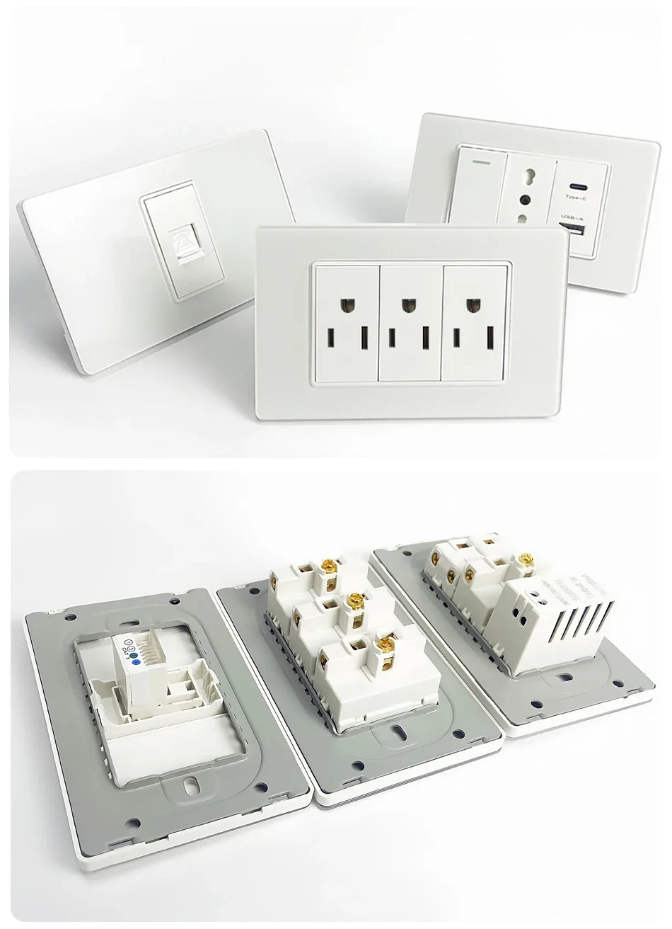 T&I US Standard 118 Toma de pared con interruptor, panel de vidrio templado, puertos de carga USB y tipo C