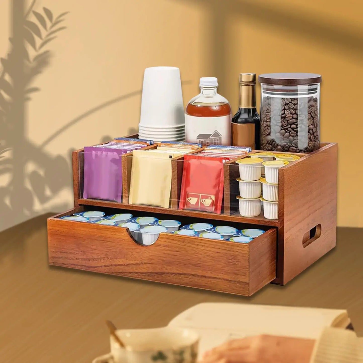 Organizador de barra de café, soporte de almacenamiento de condimentos de té versátil de madera rústica, estante de almacenamiento para escritorio, oficina, cocina, cafetería, tazas