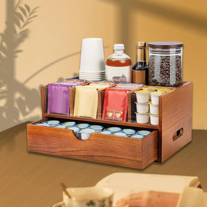 Organizador de barra de café, soporte de almacenamiento de condimentos de té versátil de madera rústica, estante de almacenamiento para escritorio, oficina, cocina, cafetería, tazas
