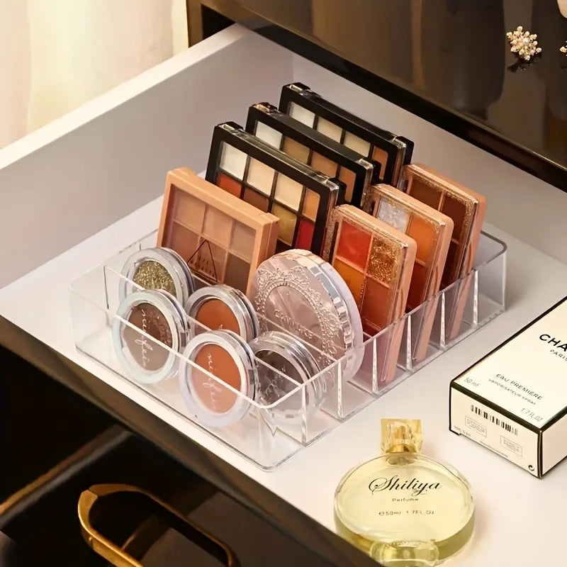 Organizador de maquillaje de plástico transparente con 7 compartimentos, soporte para lápiz labial y sombra de ojos, bandeja de almacenamiento de cosméticos para artículos esenciales de baño
