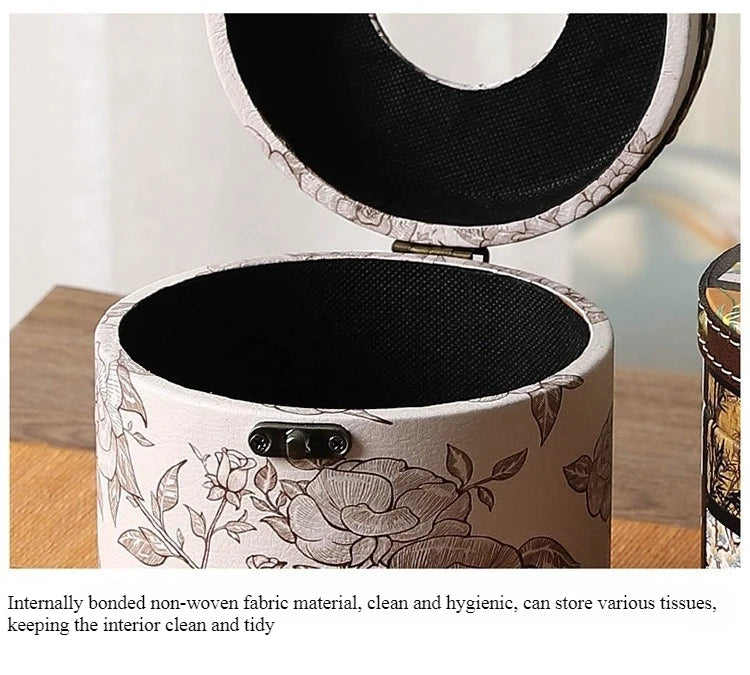 Caja de pañuelos estilo chino Guofeng, caja circular de cuero con cajón, estilo de lujo ligero, caja de servilletas adecuada para el hogar, sala de estar, dormitorio