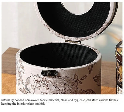 Caja de pañuelos estilo chino Guofeng, caja circular de cuero con cajón, estilo de lujo ligero, caja de servilletas adecuada para el hogar, sala de estar, dormitorio