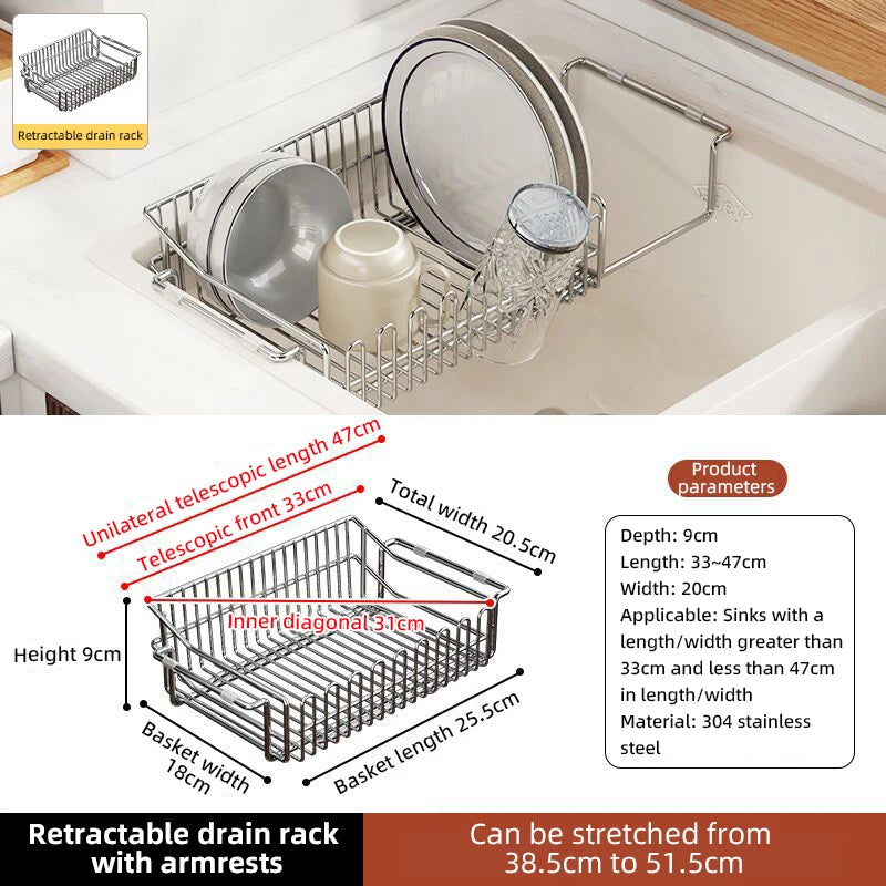 Escurridor de fregadero de cocina de acero inoxidable, estante de secado de platos expandible, soporte de almacenamiento para cuencos de frutas y verduras, organizar utensilios de cocina