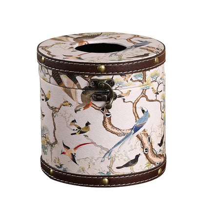 Caja de pañuelos estilo chino Guofeng, caja circular de cuero con cajón, estilo de lujo ligero, caja de servilletas adecuada para el hogar, sala de estar, dormitorio
