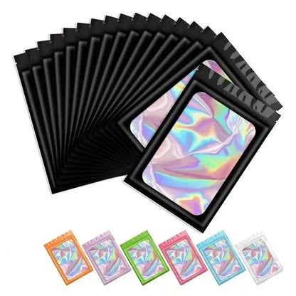 100 Uds. Bolsas holográficas resellables Mylar Ziplock Candy Suger Tee joyería bolsa de almacenamiento de belleza muestra joyería embalaje plástico Pou