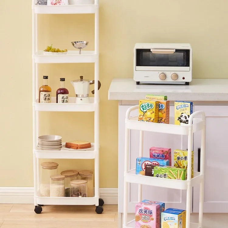 Carro con manillar y estante de almacenamiento, de pie, almacenamiento multicapa para cocina, baño, aperitivos y artículos de tocador