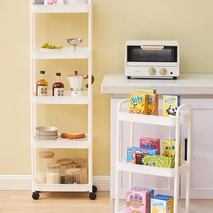 Carro con manillar y estante de almacenamiento, de pie, almacenamiento multicapa para cocina, baño, aperitivos y artículos de tocador