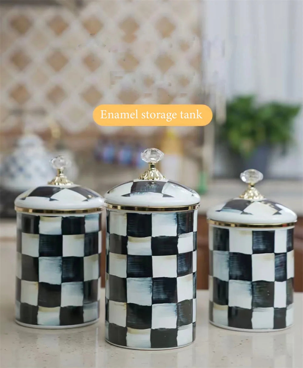 Tarro de almacenamiento clásico Retro europeo, adorno de tablero de ajedrez, contenedores de cocina esmaltados de porcelana, tarros de almacenamiento de azúcar para té y café