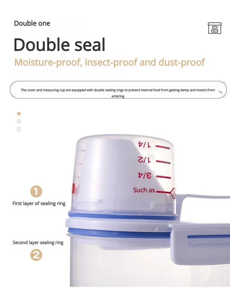 Contenedor de Arroz de 2.3L con Taza Medidora, Dispensador de Arroz de Plástico Libre de BPA, Recipiente de Almacenamiento de Alimentos para Cocina y Despensa para Avena y Harina