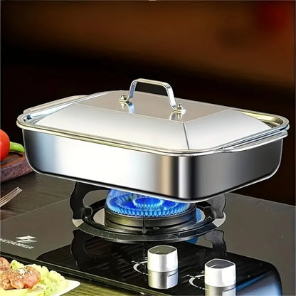 Sartén para asar cubierta de acero inoxidable, horno antiadherente grueso, seguro con asas resistentes al calor para asar, hornear, servir Buffet