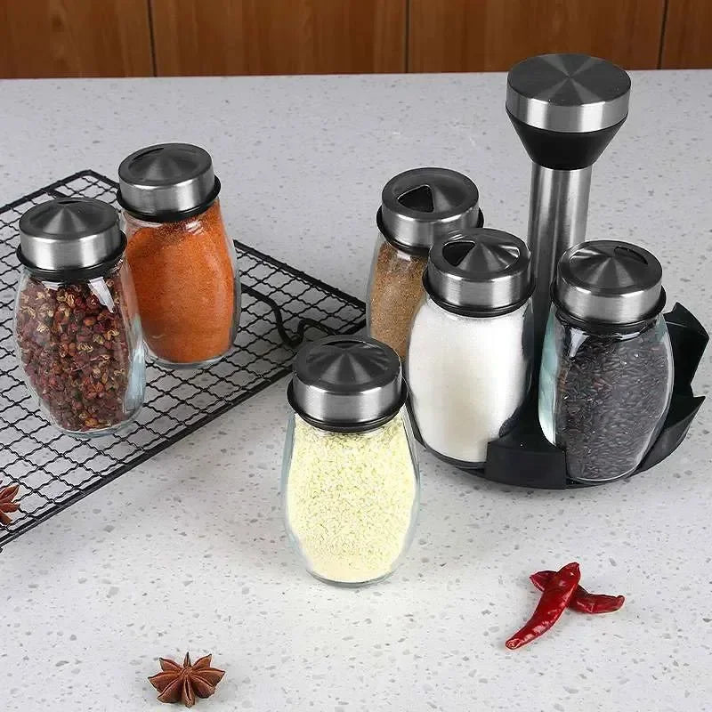 Juego de botellas de especias giratorias para cocina, Material de vidrio, condimentos, sal, azúcar, pimienta, botella de almacenamiento de condimentos, estante de especias de cocina
